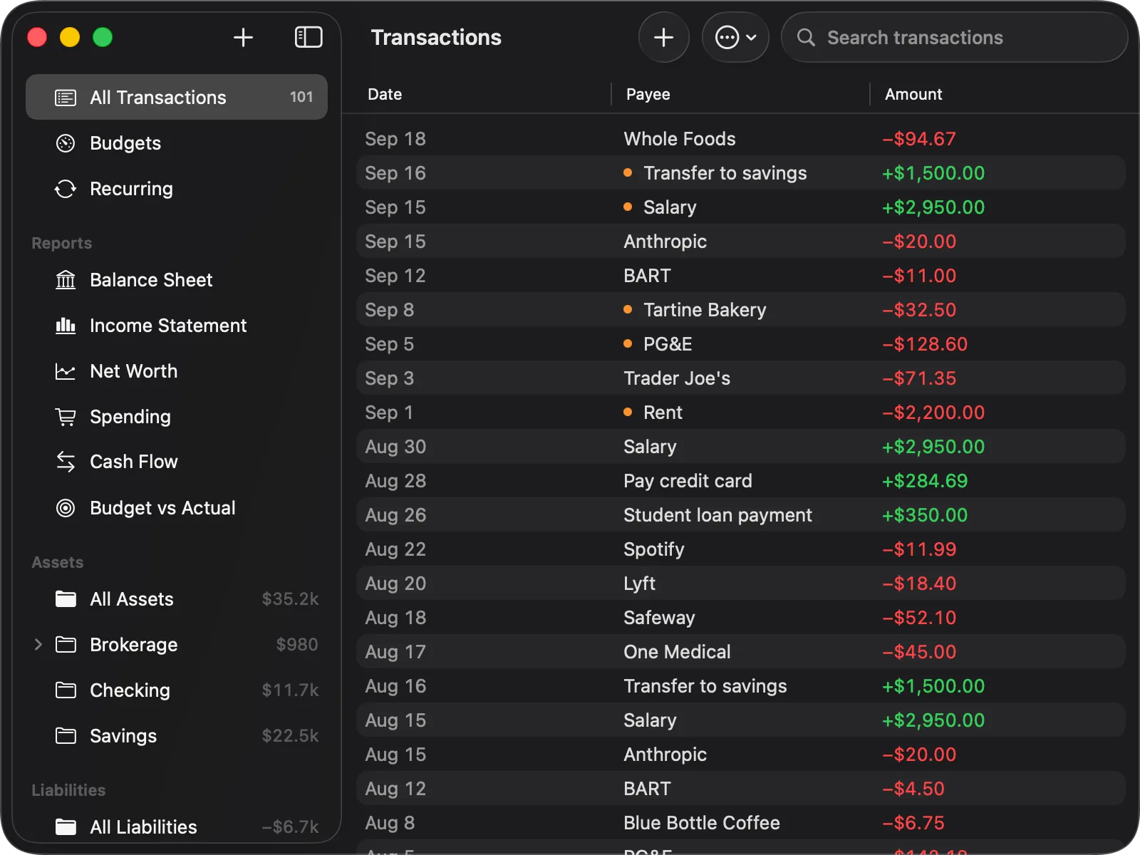 Balance for Mac showing the All Transactions register: a sidebar of accounts grouped into Assets, Liabilities, Equity, Income and Expenses with a balance beside each, and a dated list of transactions with payee and signed amount.
