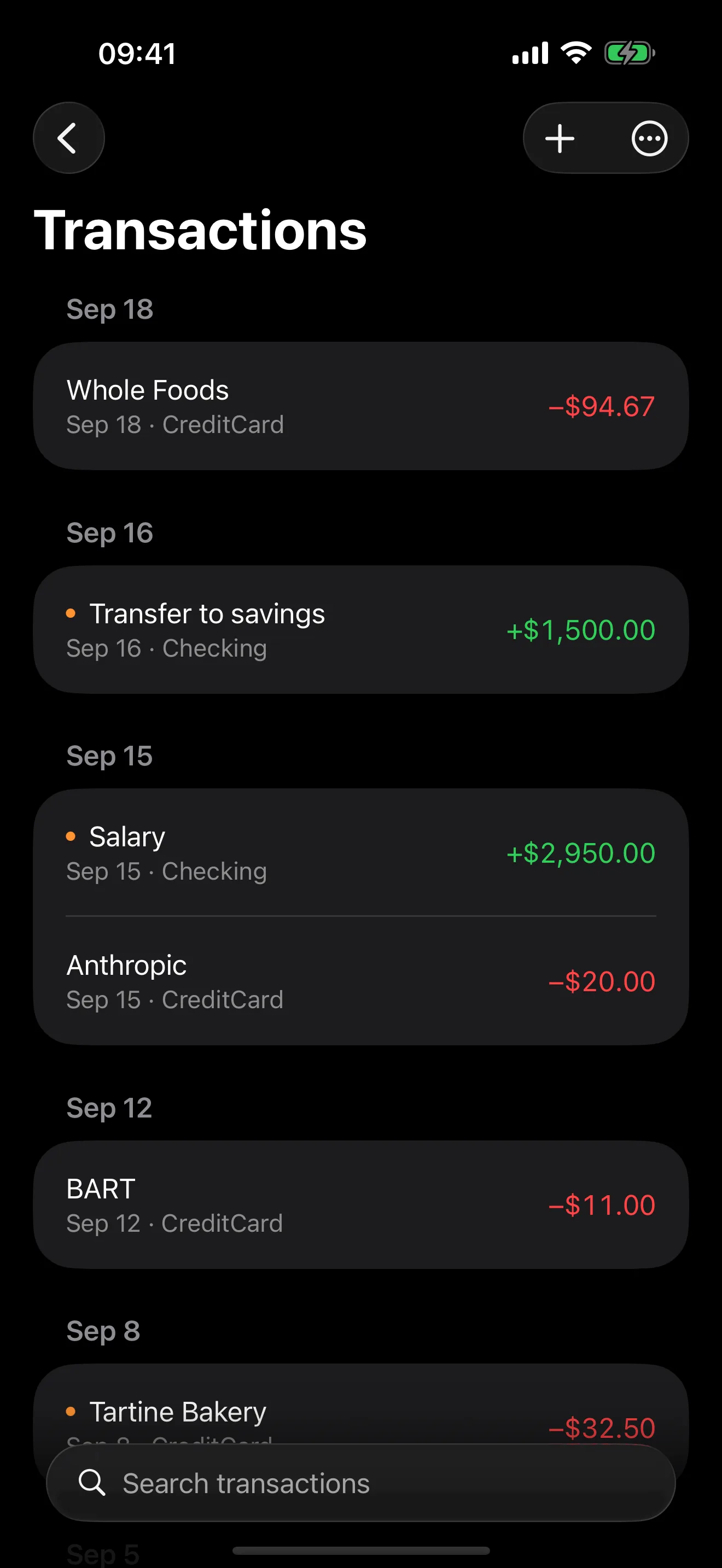 Balance on iPhone: the transaction list grouped by day, each row showing payee, account and signed amount.