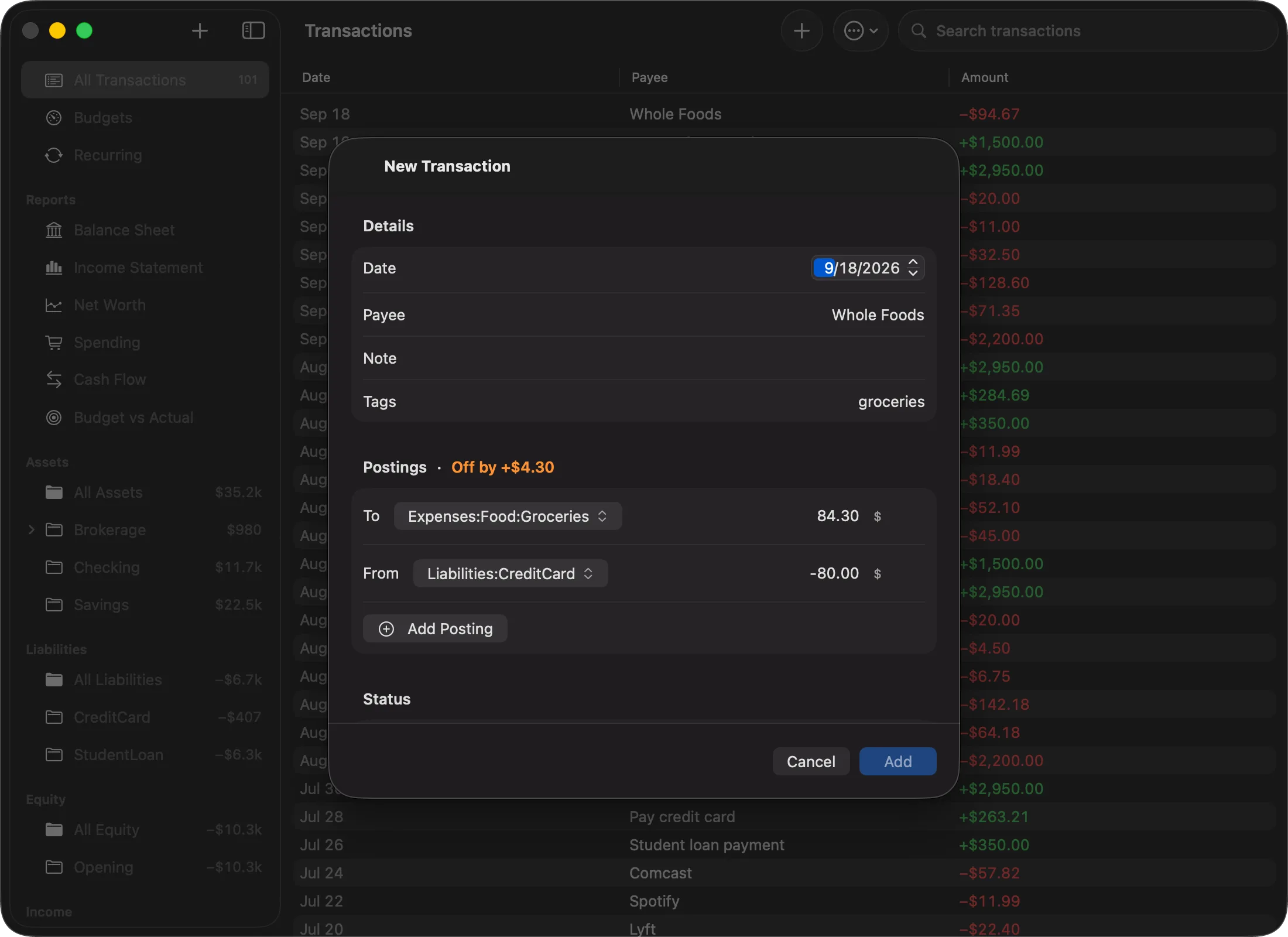 The New Transaction sheet in Balance for Mac: date, payee Whole Foods, a groceries tag, and two postings (Expenses:Food:Groceries 84.3 and Liabilities:CreditCard −80), with the header reading Off by +$4.30 and the Add button disabled.