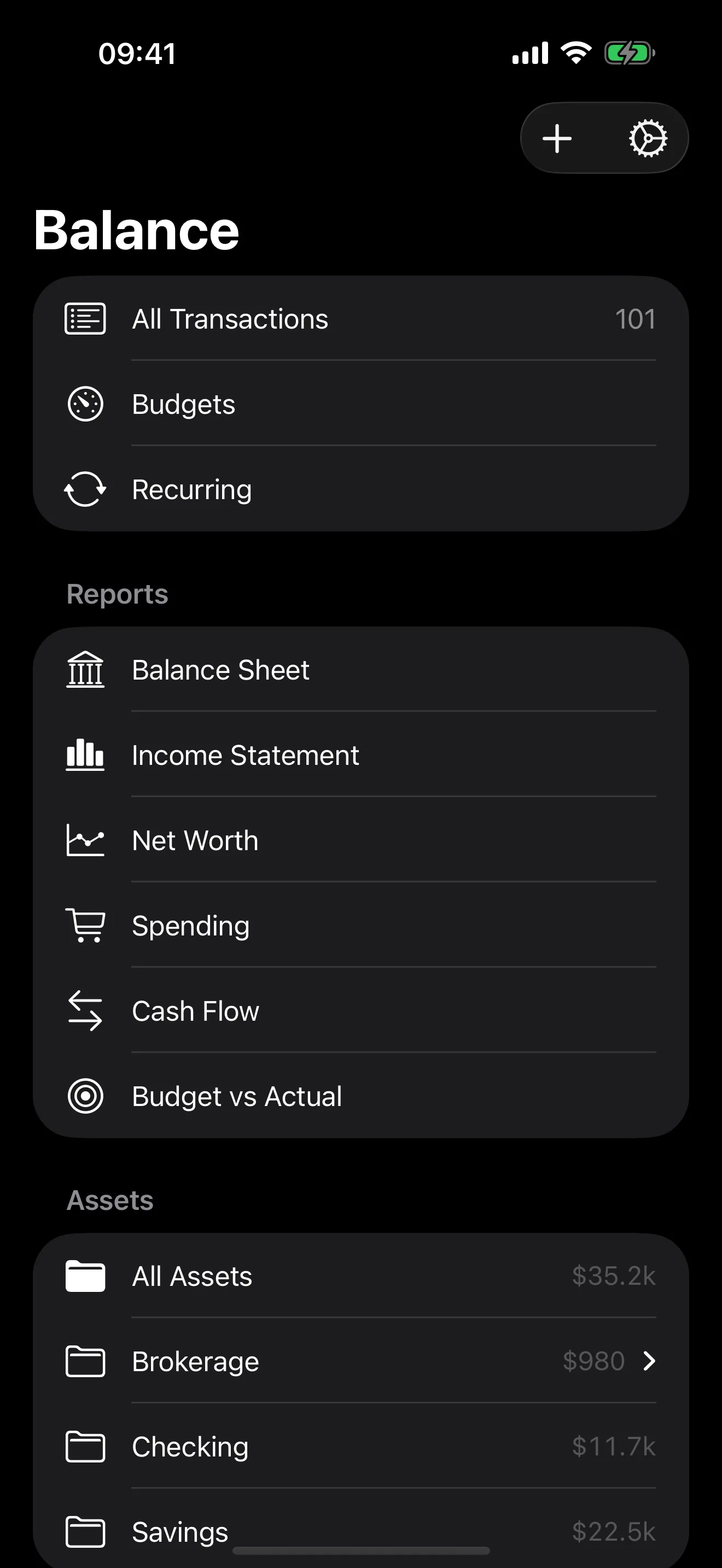 Balance on iPhone: the account sidebar, grouped into Assets, Liabilities, Equity and Income with a running balance beside each account.