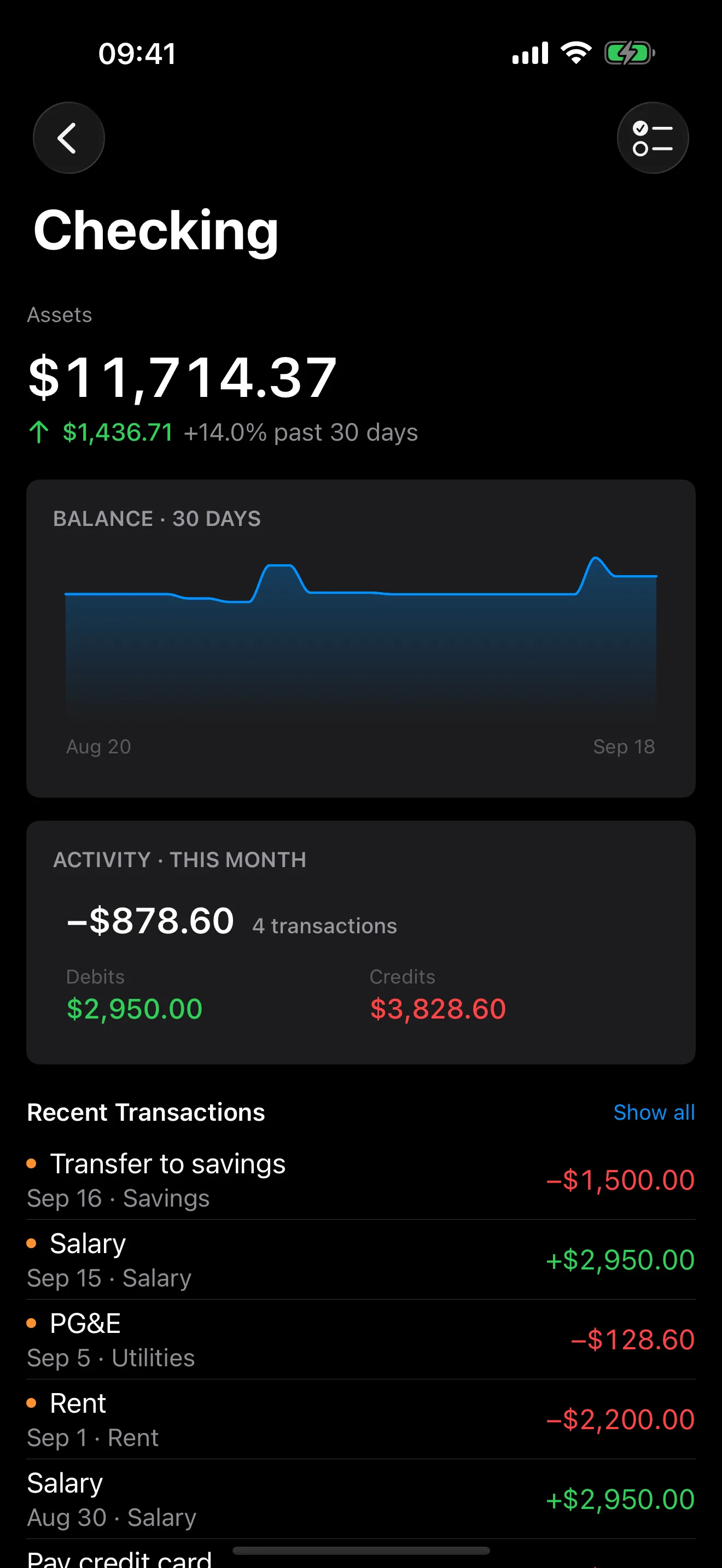 Balance on iPhone: a single account with its balance, 30-day trend and recent transactions.