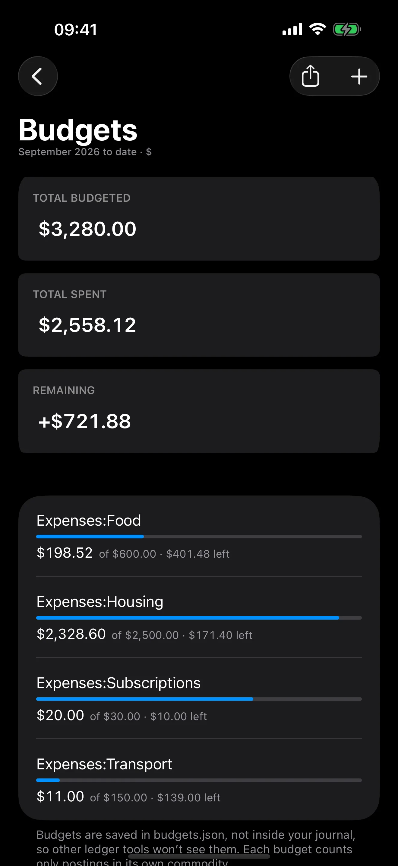Balance on iPhone: budgeted, spent and remaining tiles for the month to date, then a progress bar per expense account.