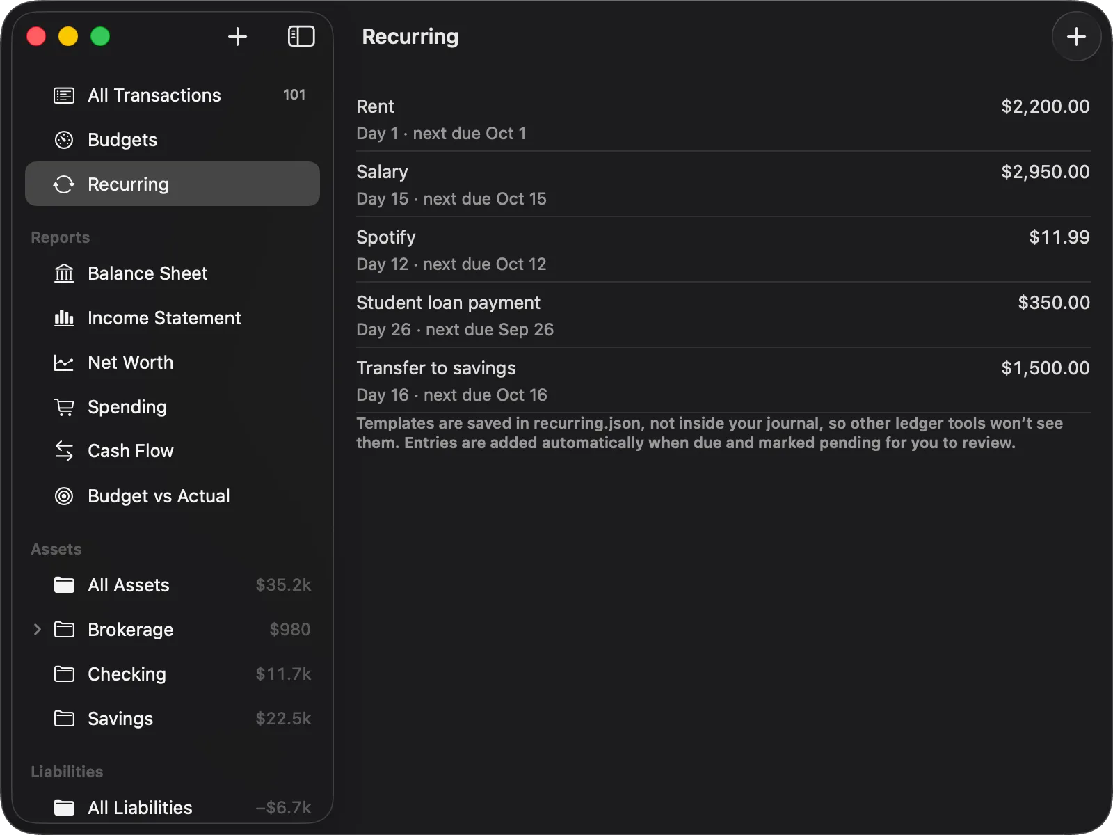 The Recurring view in Balance for Mac: templates for Rent, Salary, Spotify, a student loan payment and a transfer to savings, each with the day of the month it falls on and the date it is next due.