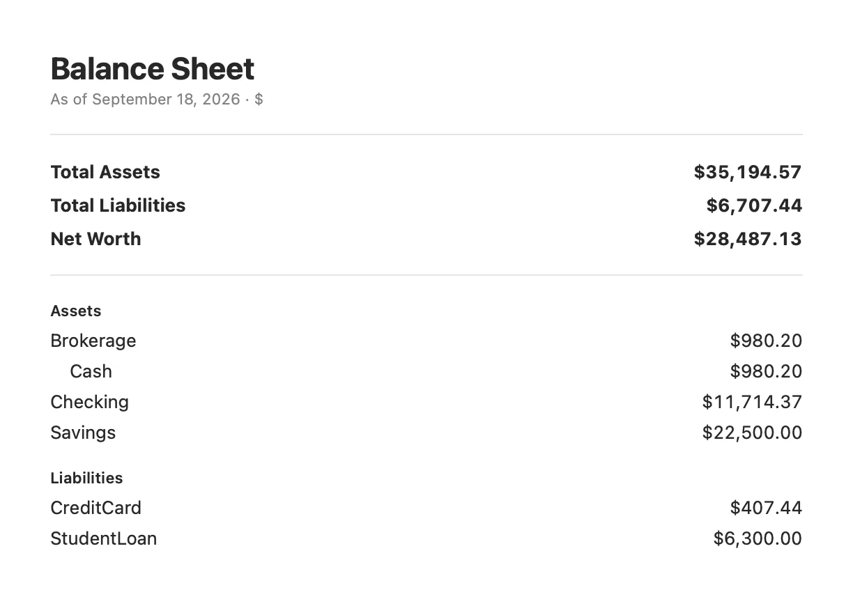 A Balance Sheet exported to PDF: a white page headed Balance Sheet, As of August 23, 2026, with total assets $35,194.57, total liabilities $6,745.23, net worth $28,449.34 and a list of account balances.