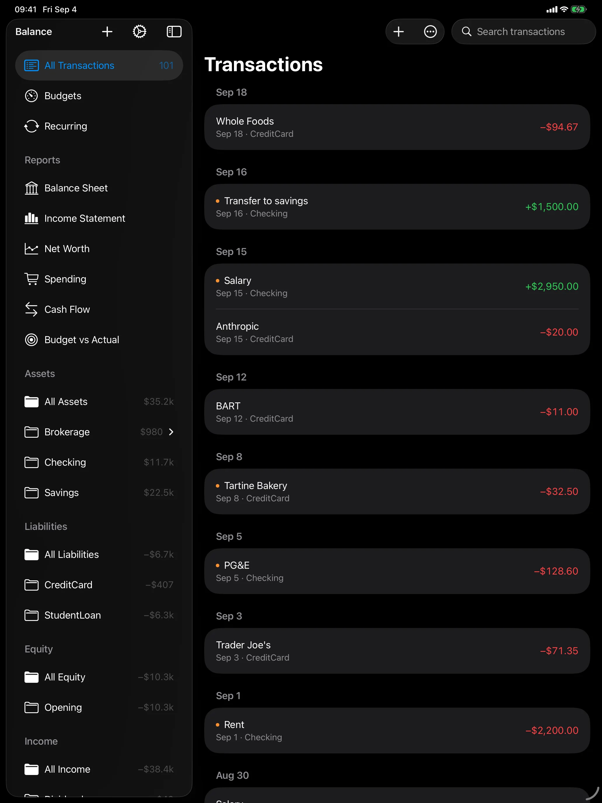 Balance on iPad in split view: the account sidebar on the left, the dated transaction register on the right.